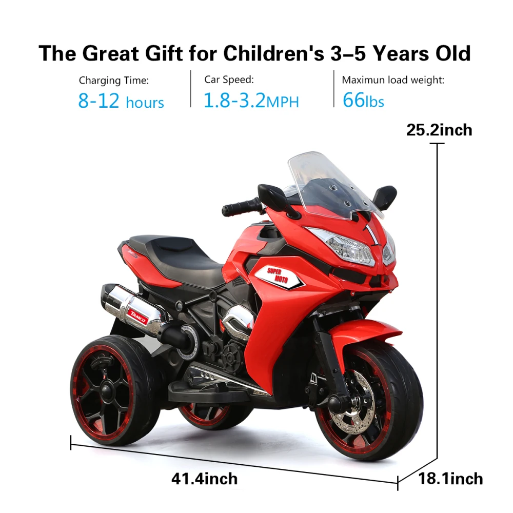 12V Kids Electric motorcycle, Children Battery Motor Bikes Rechargeable 3 Wheels Ride on Electric Motorcycle