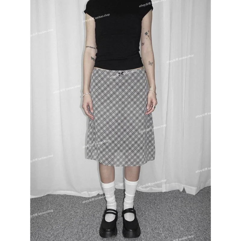 

Spring and Summer Vintage Korean Retro High Street Low Waist Plaid A-line Skirt Streetwear Fashion Bow Splicing Mesh Skirt