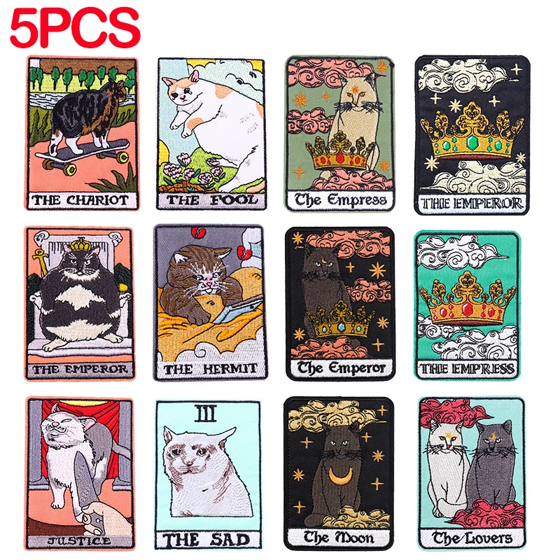 5 Stück Großhandel Katzen-Tarot Bestickte Aufnäher zum Aufbügeln für Kleidung, Jacken, Punk-Stickerei-Aufkleber, DIY-Stickerei-Patch für Kleidung
