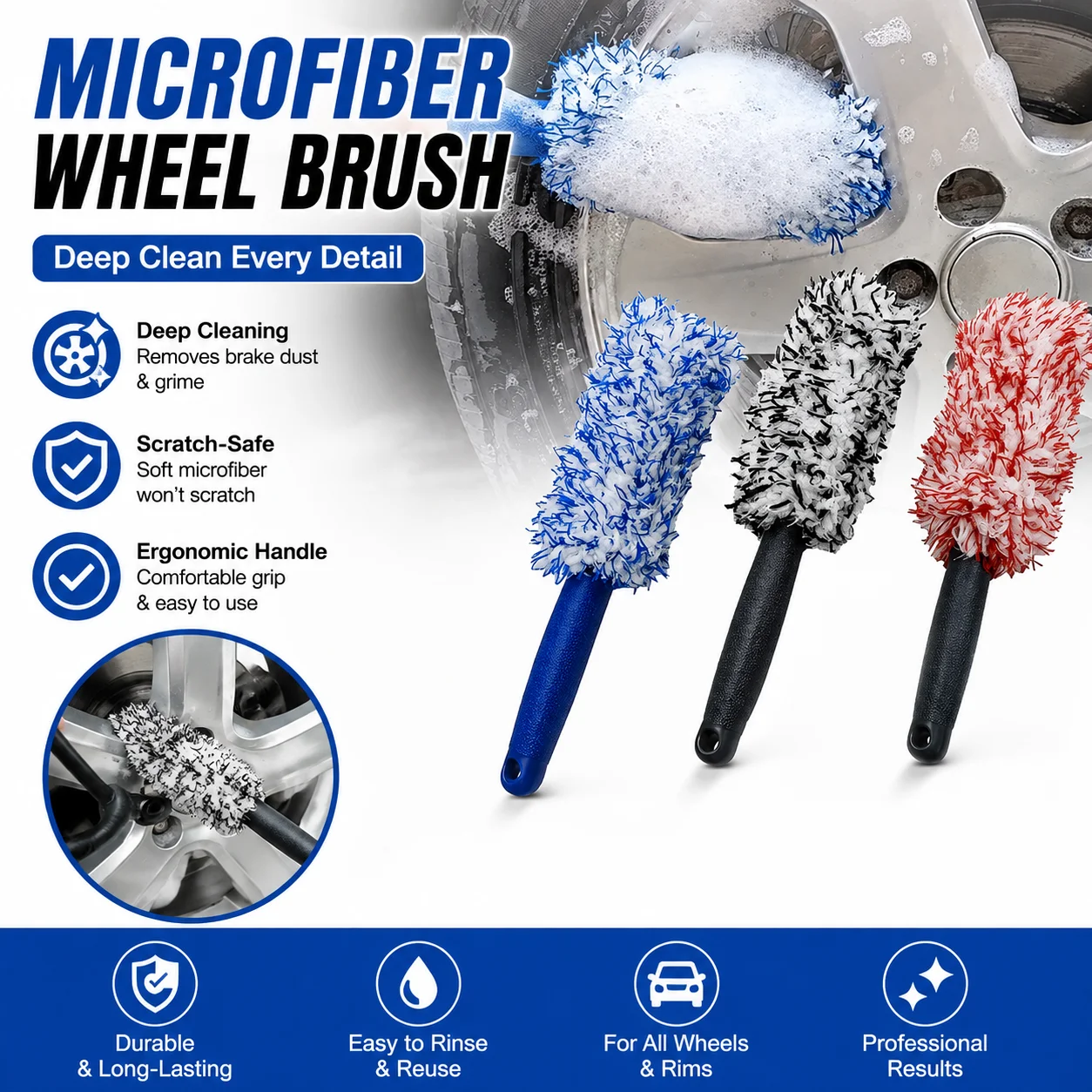 Car Wash Super Brush Plush Premium Wheels Brush Non-Slip Handle Easy To Cleaning Rims Spokes Wheel Barrel Car Detailing