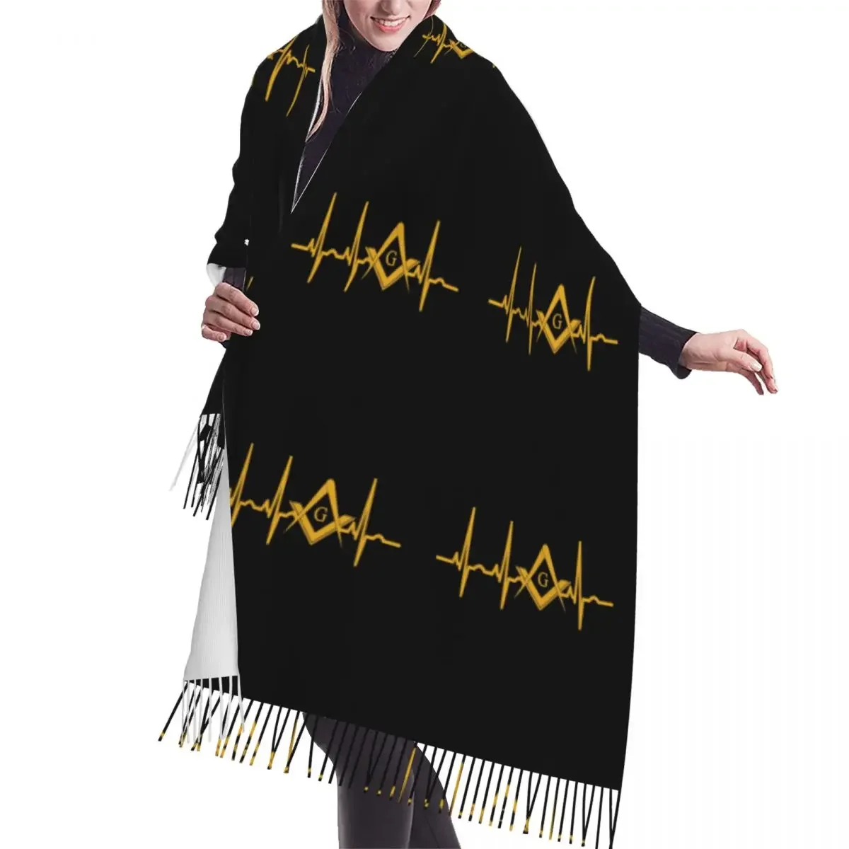 Female Large Heartbeat Freemason Scarves Women Winter Fall Soft Warm Tassel Shawl Wraps Masonic Mason Versatile Female Scarf