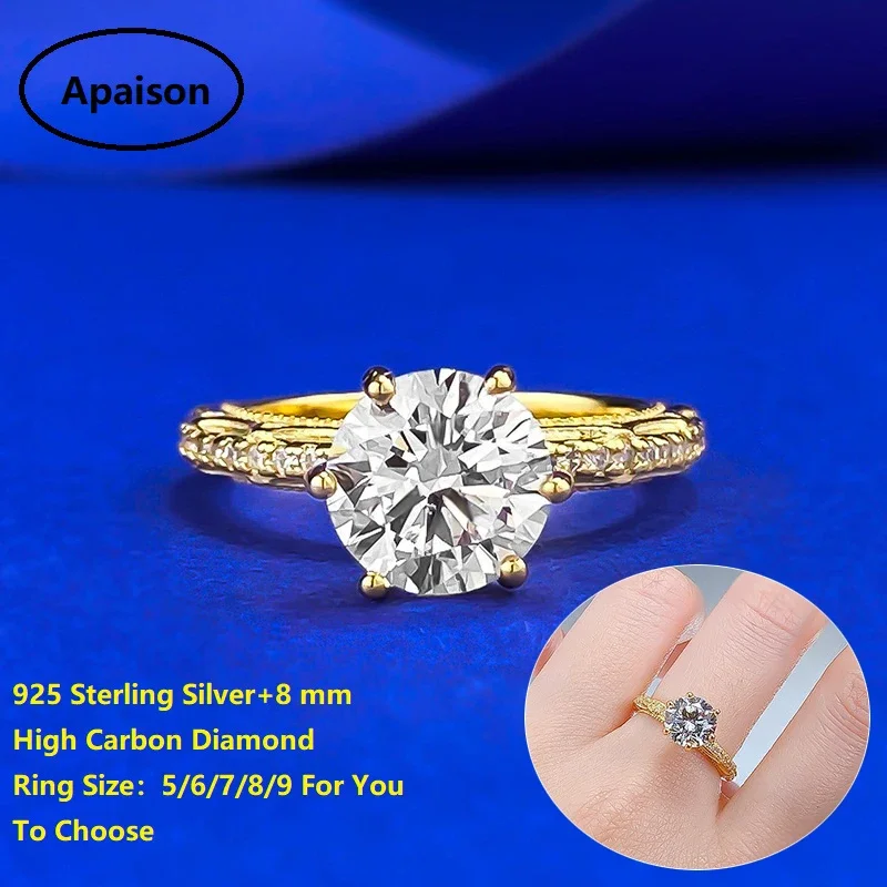 

Apaison 8 mm Round High Carbon Diamond Bridal Ring Engagement Gold Plated Rings For Women Wedding Party Jewelry Gift