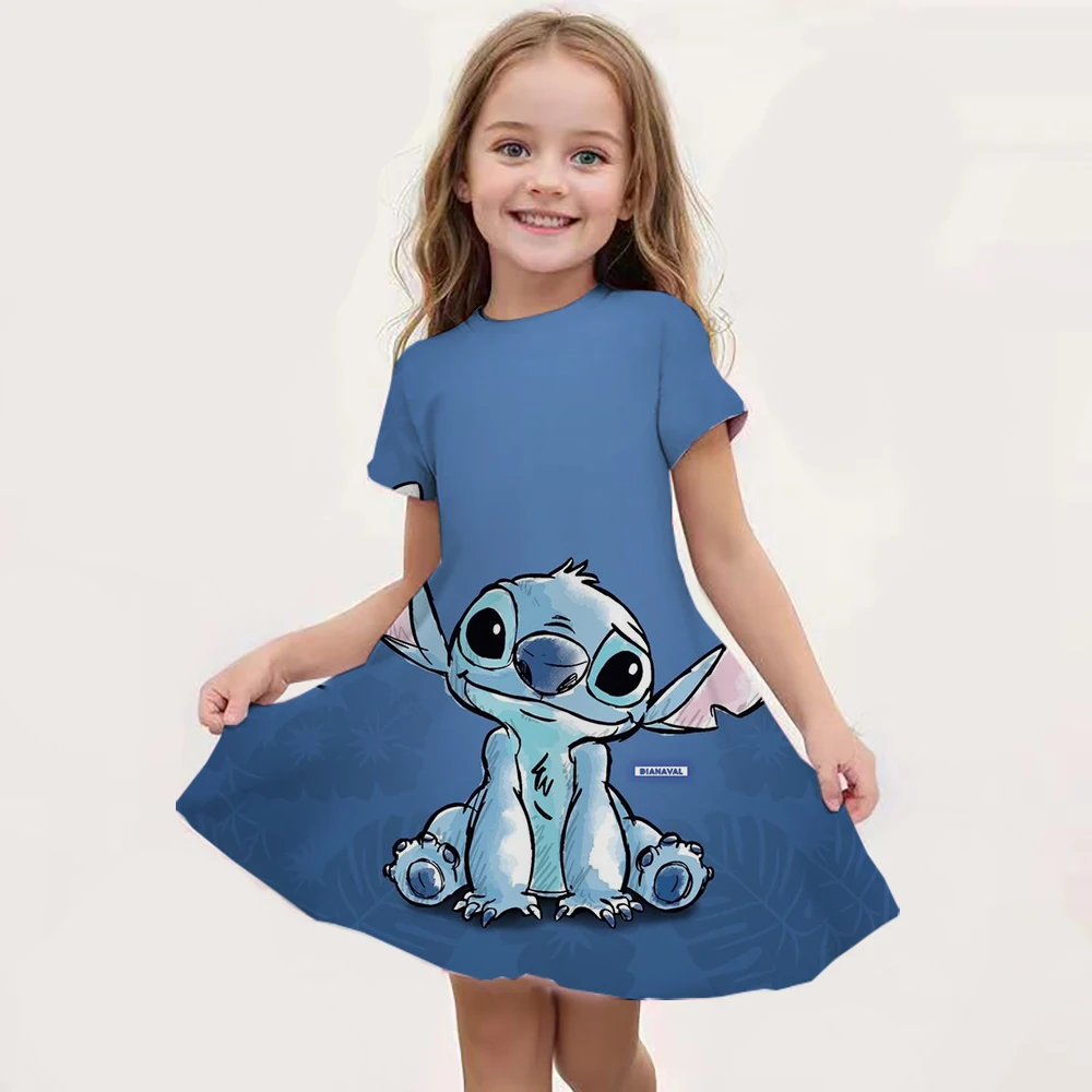 2024 Girls Stitch Dresses Princess Children's Clothing Cartoon Stitch Print Summer Fashion Baby Stitch Dress 3-14Y