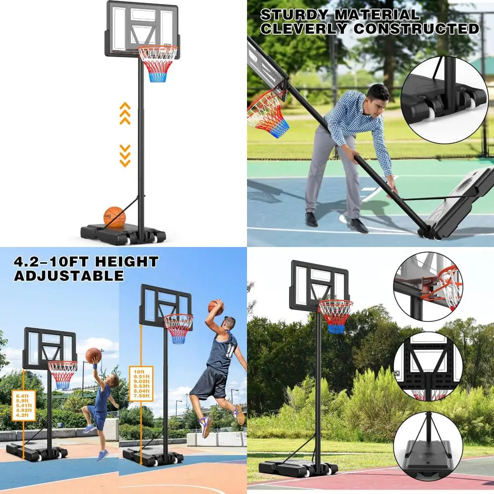 高さ調節可能なバスケットボールゴール - ポータブル屋内外兼用、全年齢対応、長さ44インチ、高さ4.3フィートから10フィート、ジュニアから大人まで