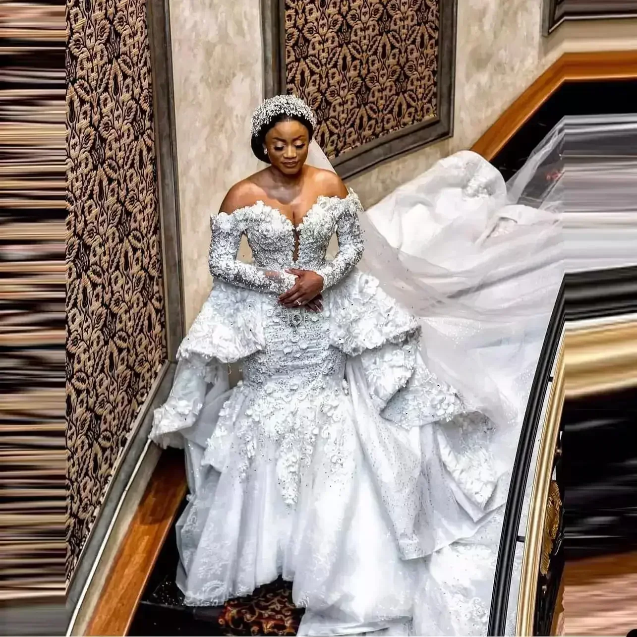 Customized Mermaid Wonderful Wedding Dress Cascading Ruffles Full Beads 3D Floral Flower Bridal Gowns Saudi Arabic