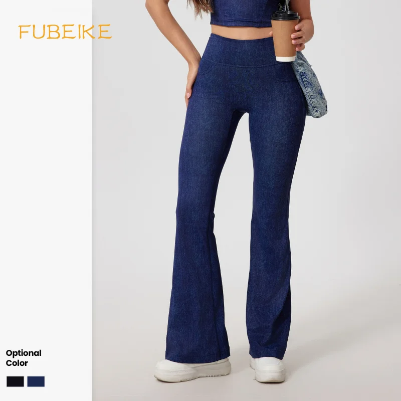 

FUBEIKE Fitness Woman Tights Sports Denim Trousers Sexy High Waist Seamless Workout Legging Yoga Bell-Bottom Pants