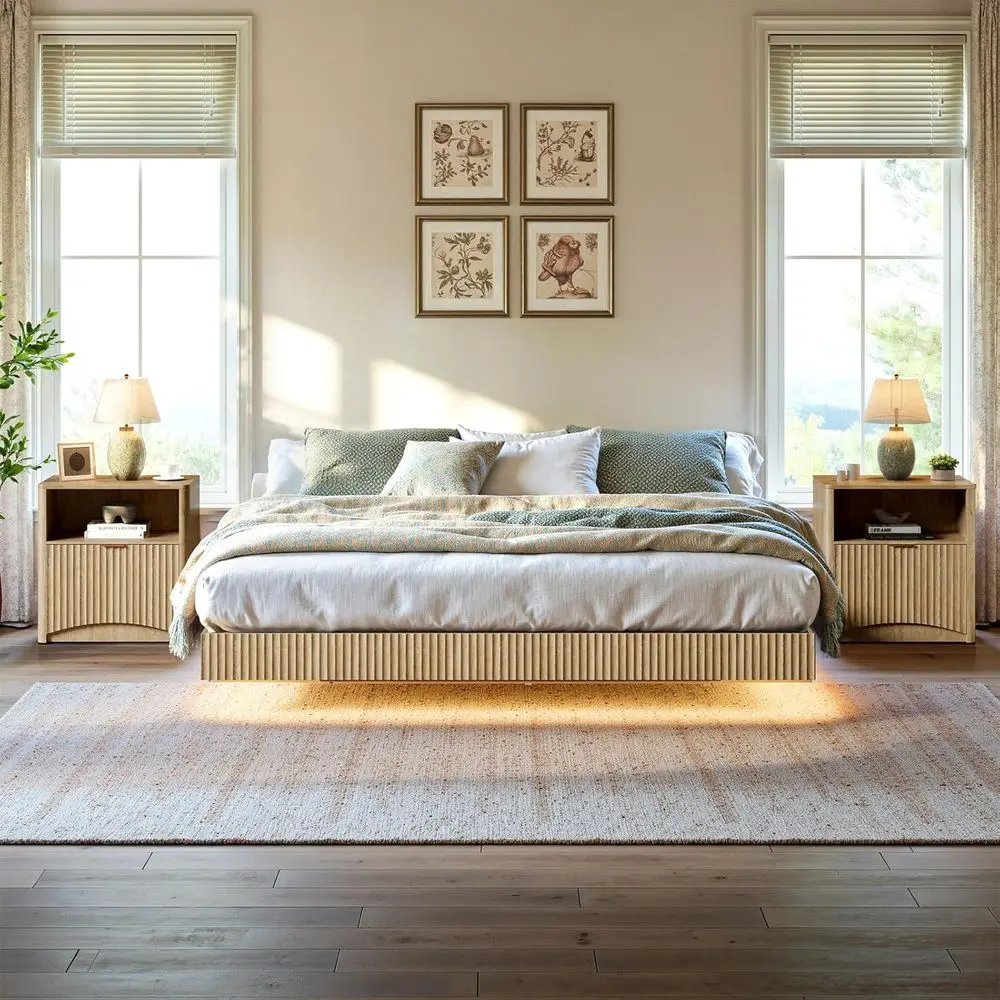 

Modern Floating Bedroom Set with Bed, 2 Nightstands, LED Lights, and 3-Piece Configuration