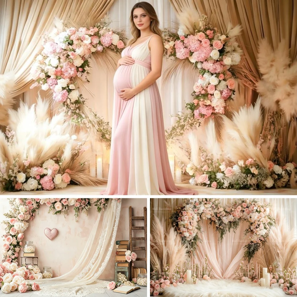 

Valentine's Day Love Bohemian Pampas Curtain Photography Background Couple Maternity Portrait Banner Decor Photo Studio Backdrop