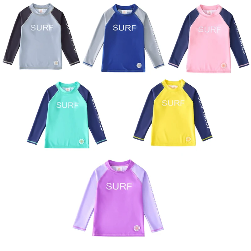 어린이 UPF 50+ 태양 보호 탑 소년 소녀 긴 소매 서핑 T 셔츠 여름 빠른 건조기 비치 수영복 수영복