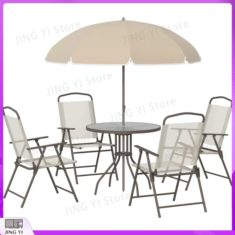 6 Piece Outdoor Dining Set with Umbrella Patio Furniture Set Tempered Glass Table 4 Chairs Garden Table and Chairs for