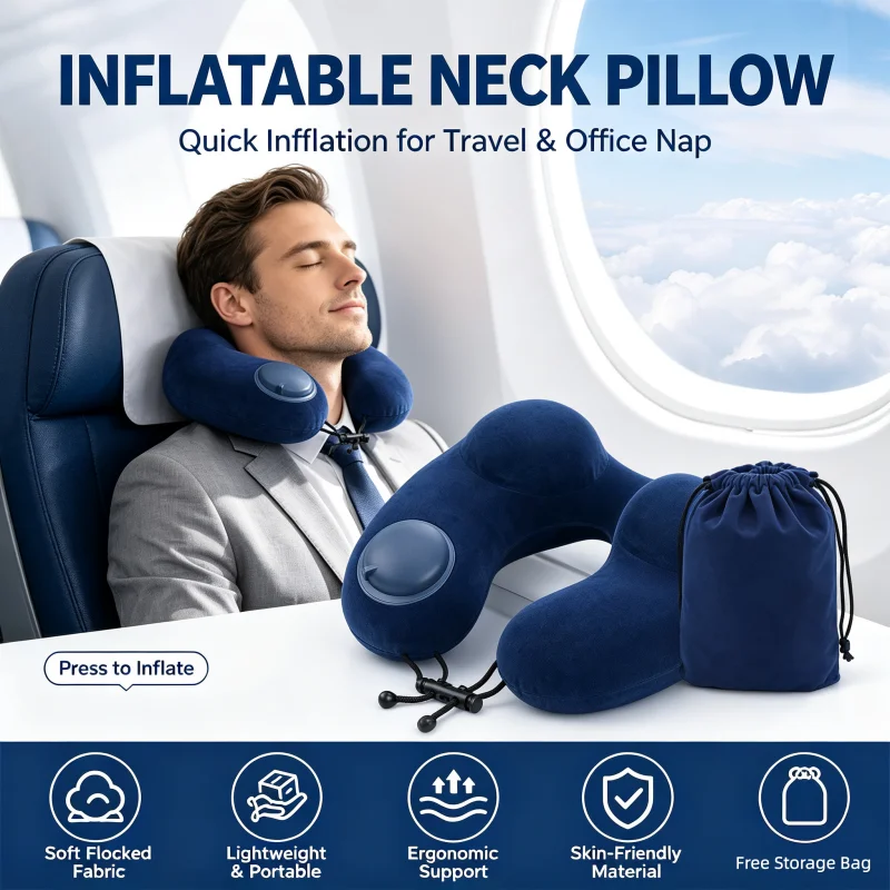 Portable Press Inflatable U Shaped Travel Neck Pillow Detachable Plush for Long Distance Airplane Car Trip with Storage Bag