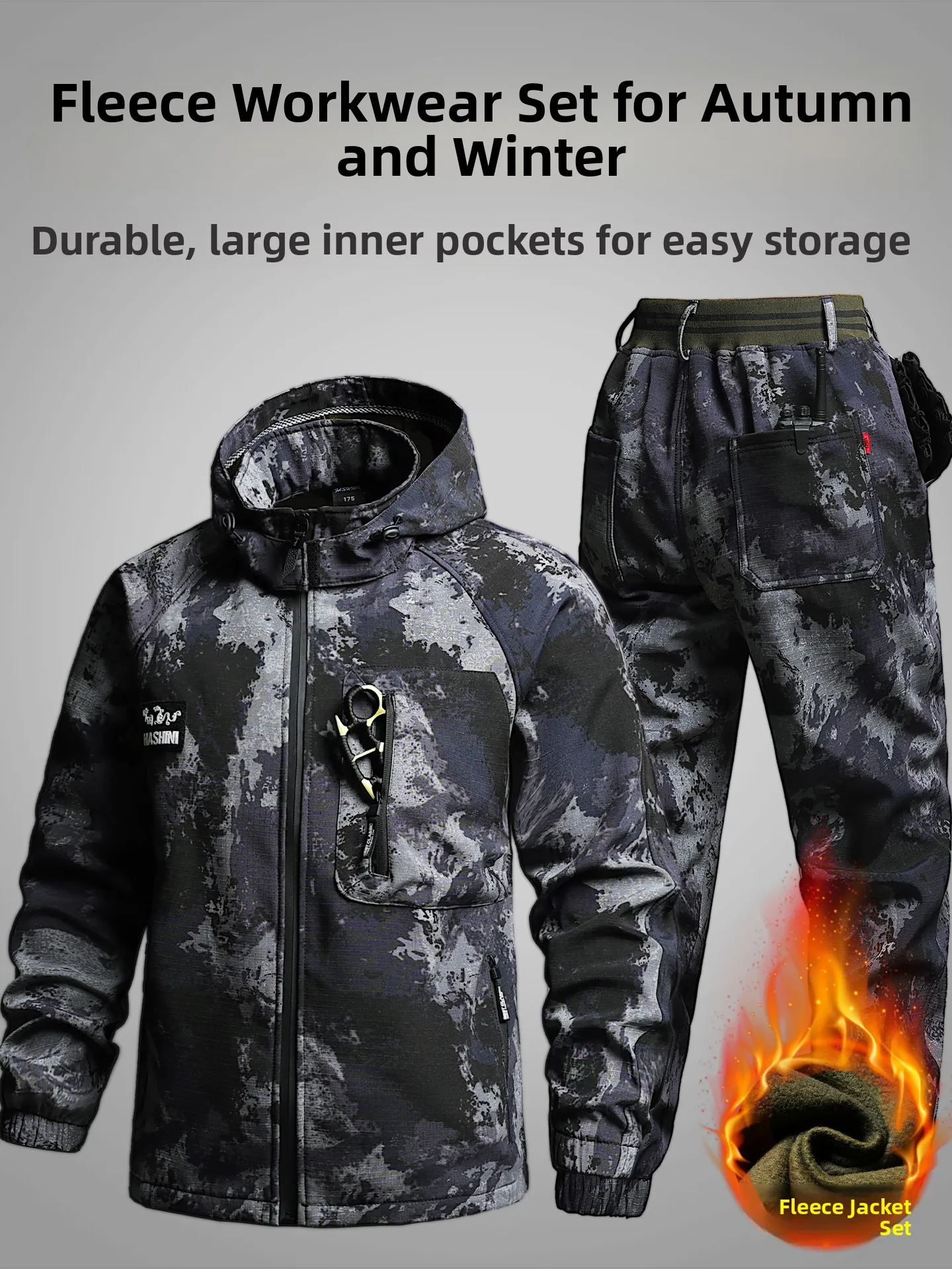 

Men's Camouflage Workwear Set Fleece Lined Grid Resistant Tearable Outdoor Building Labor Protection Clothes Warmth Autumn Wi...