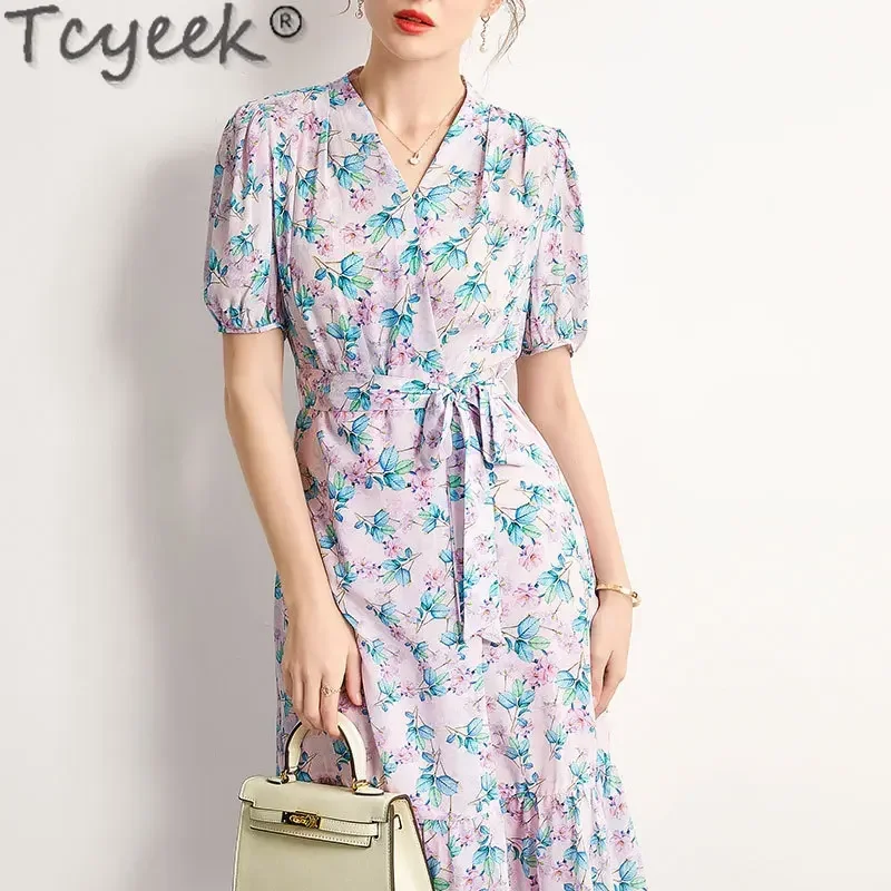 

Tcyeek 100% Real Mulberry Silk Dress Women Summer Clothes Elegant Women's Dresses Fashion Beach Dresses 2024 Vestido Feminino