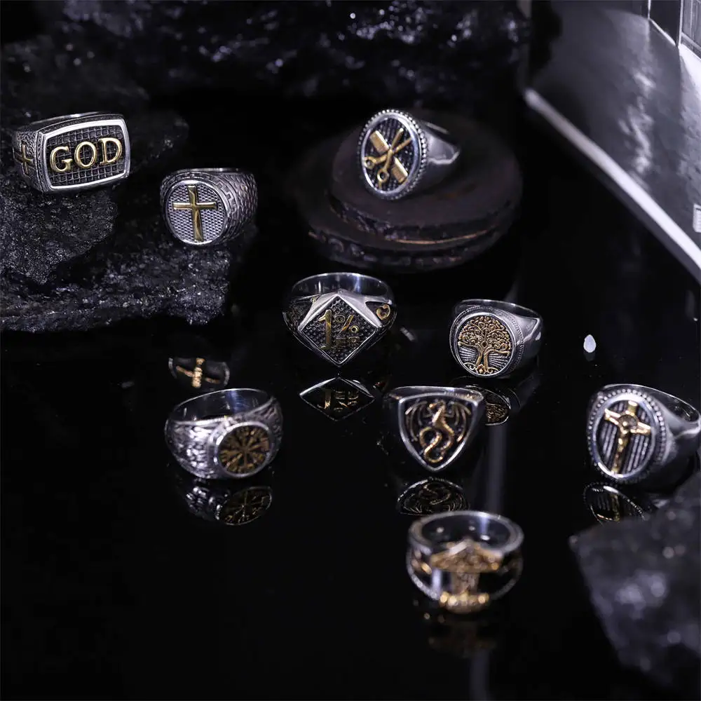 الشمال فايكنغ الفولاذ المقاوم للصدأ حلقة مرساة البوصلة شجرة الحياة فايكنغ رون الذئب الشرير الدائري للرجال مصنع المجوهرات بالجملة #4