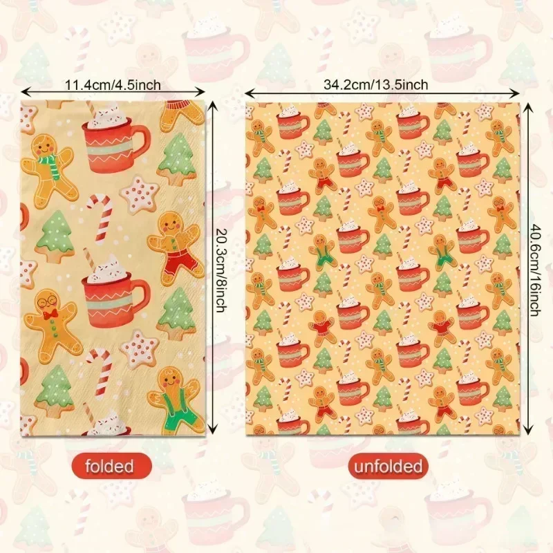 20pcs 34.2*40.6cm 2-Ply Long Paper Napkins Gingerbread Large Size Napkins Christmas Birthday Decoration Paper Placemats