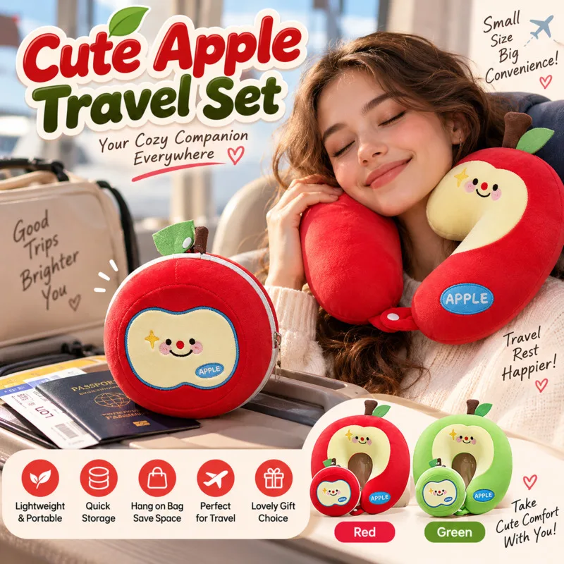 U Shaped Pillow 30x30x8cm Cute Apple Memory Foam Portable Travel, Neck Support Office Nap Cushion, Soft Plush Car Headrest Gift