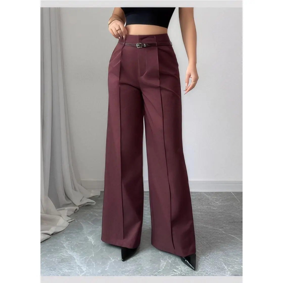 ハイウエストワイドレッグパンツ女性のカジュアルスリミングパンツ多用途ルーズフィットストレートカットハイウエストストレートレッグパンツ