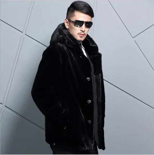 High Quality Thick Warm Black Overcoat For Men 1 Faux Fur Coat S-6XL Plus Size Luxury Long Hooded Faux Fur Coat Outwear FW129