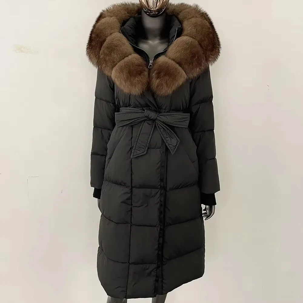 2024 Nuovo Inverno Caldo Bianco Piumino D'oca Delle Donne Lungo Con Cappuccio Piumino Donne Reale Cappotto di Pelliccia di Volpe Cappotto di Pelliccia Naturale Femminile