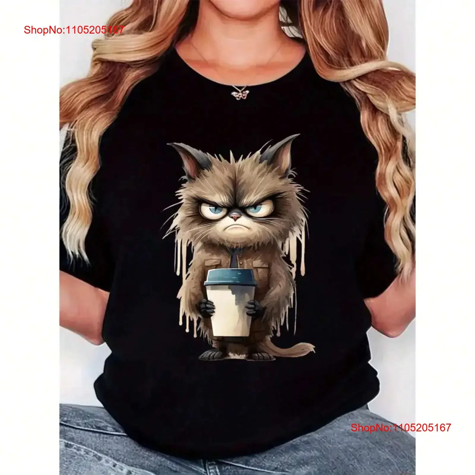 

Женская футболка Angry Cat с кофейным принтом, повседневный и удобный топ, винтажный стираный дышащий универсальный слегка мягкий