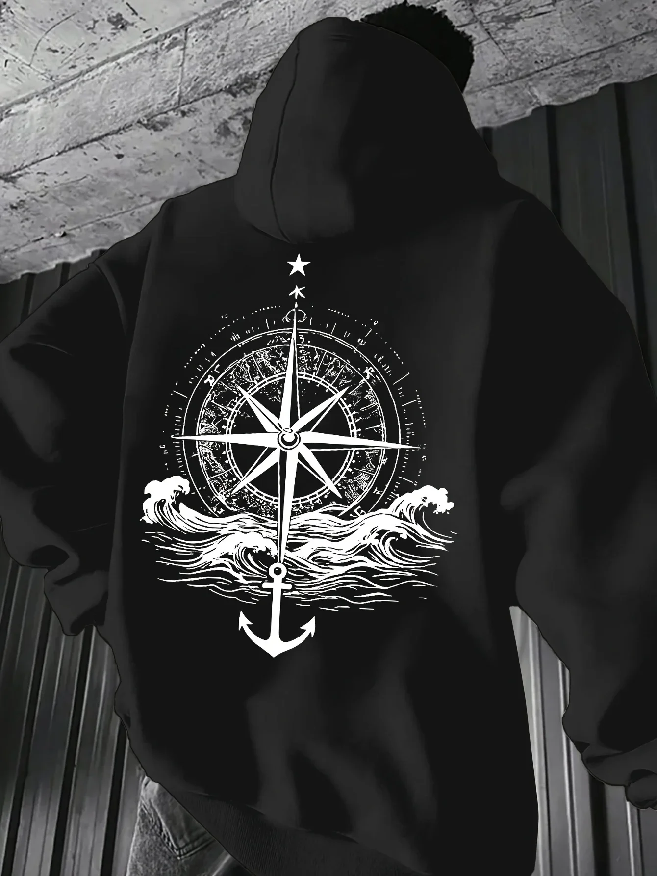 Men Fall Winter Warm Fleece Hoodie Vintage Compass Anchor Ocean Wave Star Sketch Back Print Nautical Street Pullover