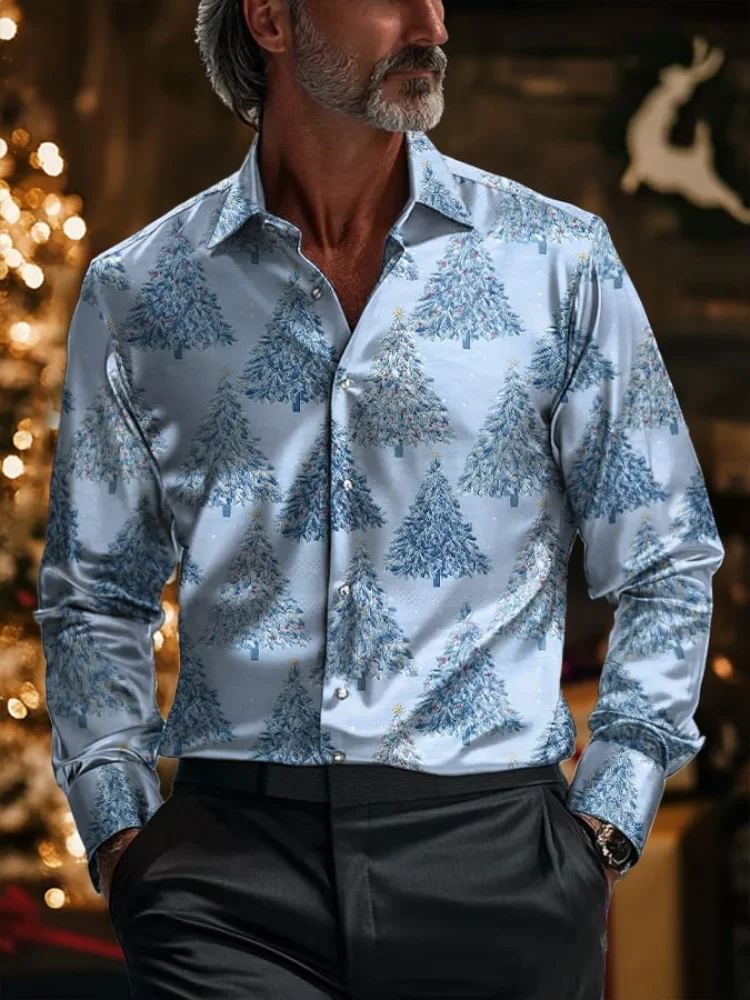 2025 Christmas Men's Long-Sleeve Shirt Fashionable Luxury Style Premium Long-Sleeve Collared Shirt Relaxed Fit Casual Top
