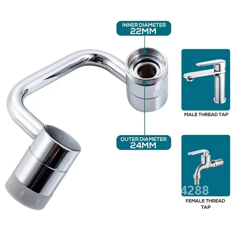 Stainless steel Universal 1080°rotating faucet Robotic Arm Swivel Extension Faucet Aerator Kitchen Faucet Extender 2 Water Flow