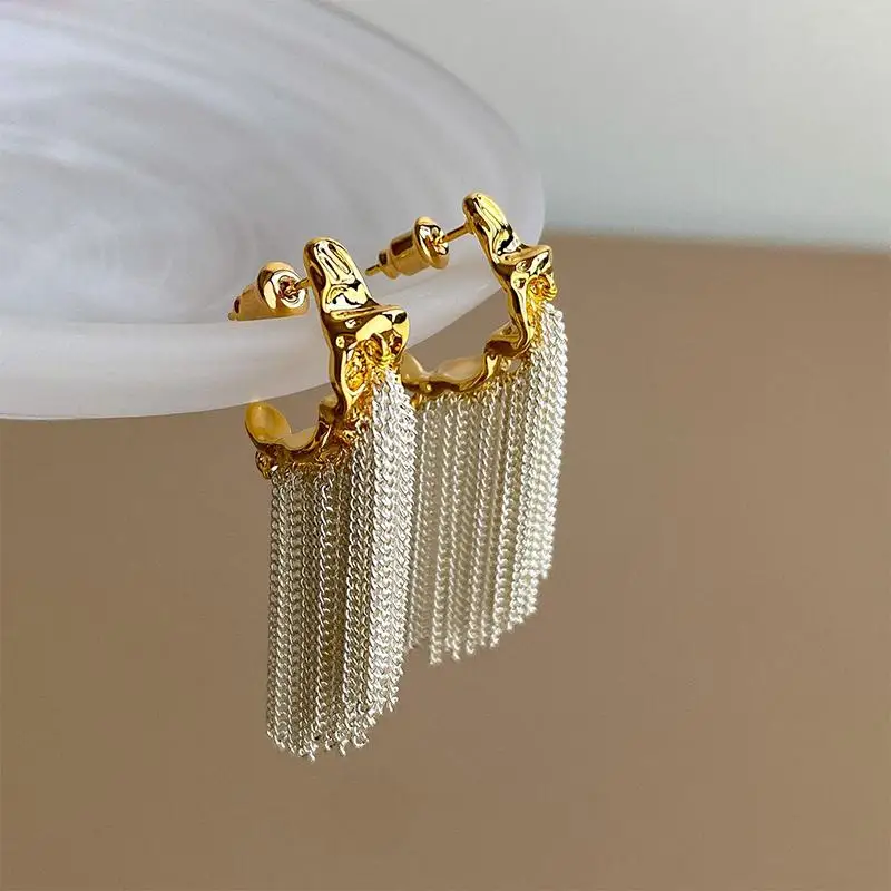 Fold Metal Chain Tassel Earrings Luxury C Shape Hypoallergenic Non Tarnish Women Jewelry for Anniversary Gift