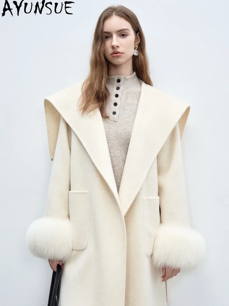 AYUNSUE Long Double-Faced Wool Coat Female Autumn Winter Clothes Real Fox Fur Cuffs Hooded Woolen Outerwear Coats for Women 2026