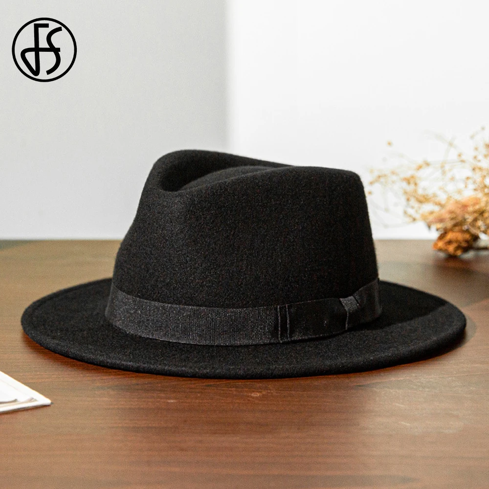 FS French Gentleman Black Jazz Hats for Men With Ribbon Panama Cap Wool Felt Fedoras Wedding Party Trilby Hat Women Unisex