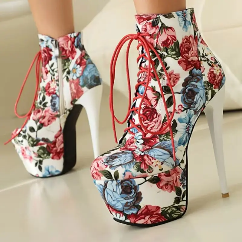 

Женские ботильоны с цветочным принтом, красные короткие фетиш-ботинки на платформе, 16 см, очень высокие каблуки, вечерние туфли для ночного клуба, танцевальная обувь, женские большие размеры