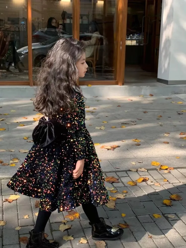 Girls Long Sleeved Velvet Sequin Dress Autumn Winter Children's Birthday Dress Glittery Soft Fabric for Kids