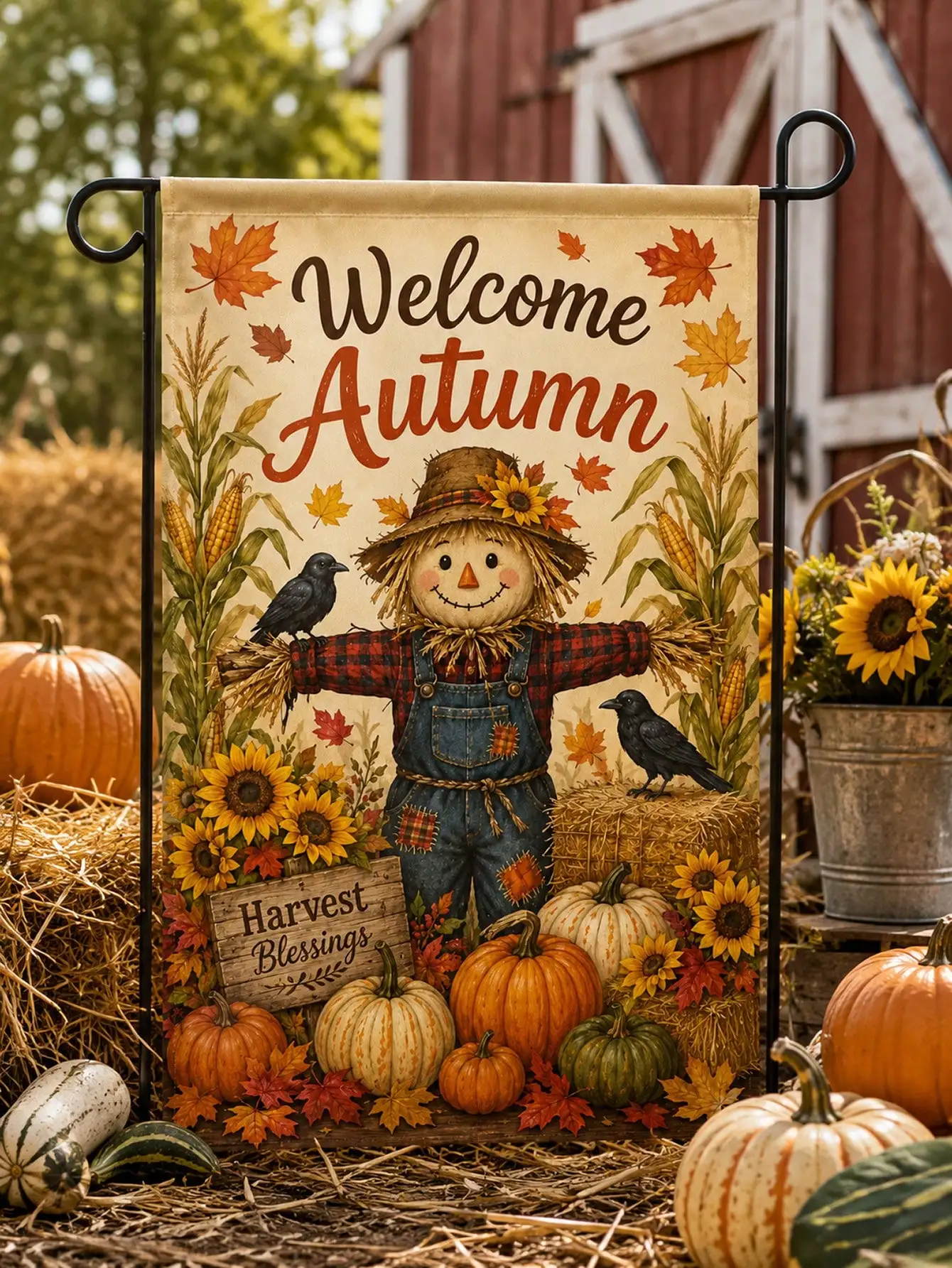 1pc Welcome Autumn Scarecrow Garden Flag, Rustic Linen Vertical Pumpkin Sunflower Corn Maple Leaf Crow Harvest Print Yard Flag Banner, Outdoor Lawn Porch Patio Farmhouse Welcome Decor, Suitable For Autumn, Thanksgiving, Harvest Festival
