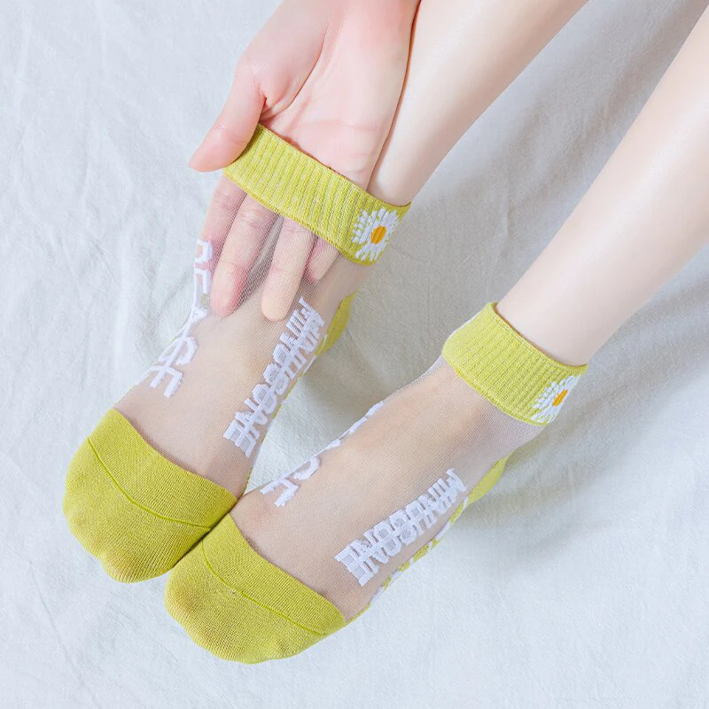 5Pairs Summer Woman Silk Socks Ankle Lace Ultra-thin Girl’s Transparent Glass Fiber Fashion Daisy Flower Harajuku Cute Style New