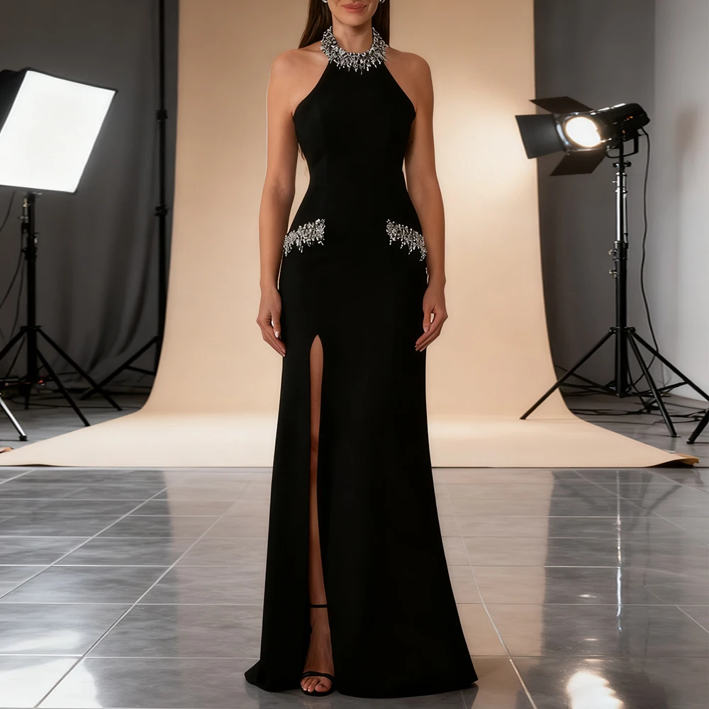 

Luxurious Evening Dresses Mermaid Crystal Halter Sleeveless Mermaid Evening Gown High Split Trumpet Backless Wedding Guest Dress