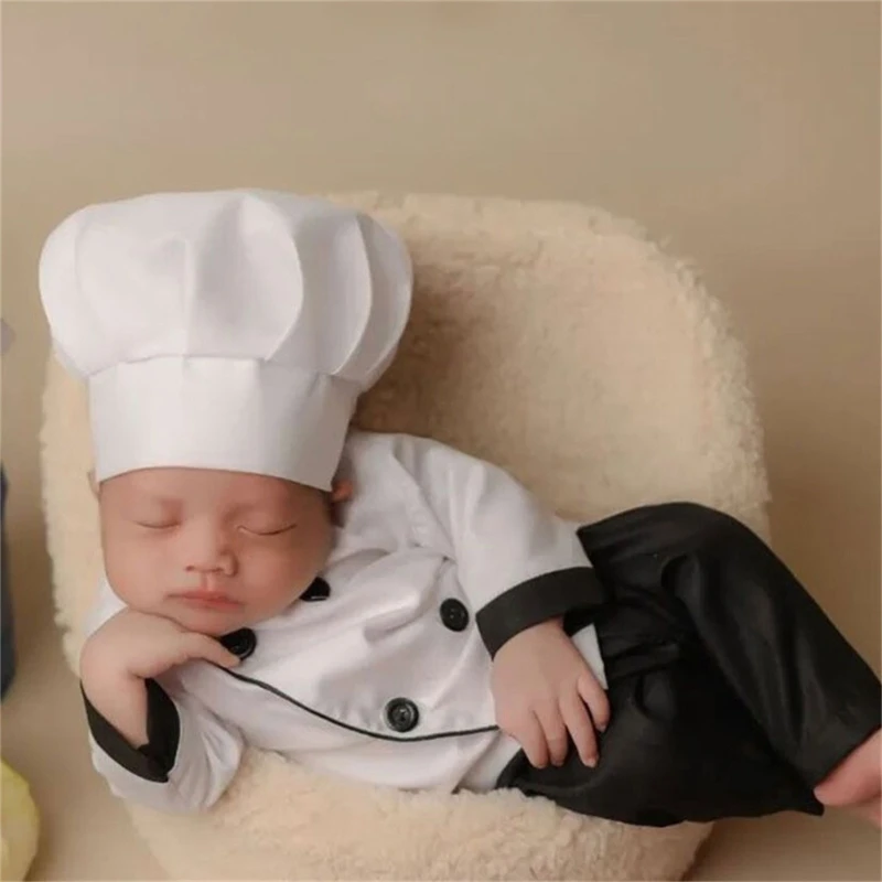 Newborn Cook Costume Hat Tops Pants Photo Shooting Clothes Photo Props 0-2Month Baby Photo Clothing for Boys Girls 3pcs