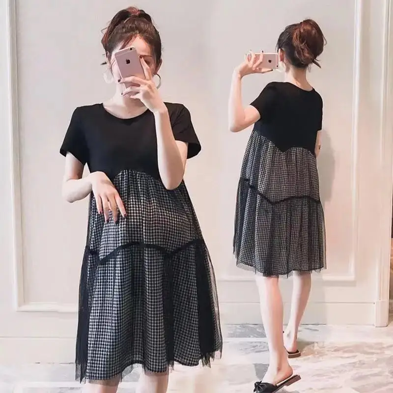 Fashion Maternity Dresses Summer Double Layer With Lace Dress A-line Skirt Loose Short Sleeve Clothes Pregnant Women Clothing