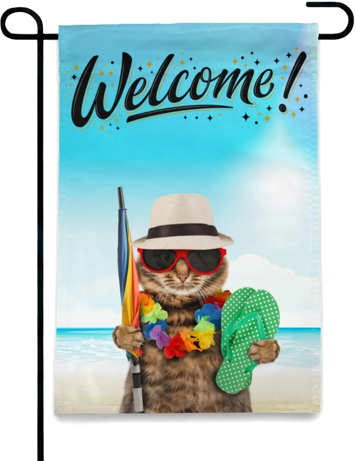 Funny Cat Welcome Garden Flag Blue Beach Double Sided Anti-transmittance Vertical 12×18 Inch Decorative Rustic Farmhouse Decor f