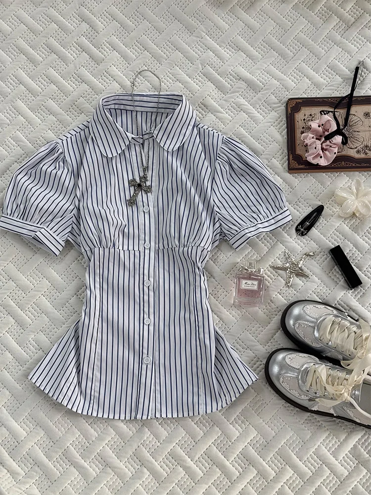 

Original Unique Design White Striped irt Slim Fit ort Sve Summer New Sle Faionable Women's Cotton Blend Top