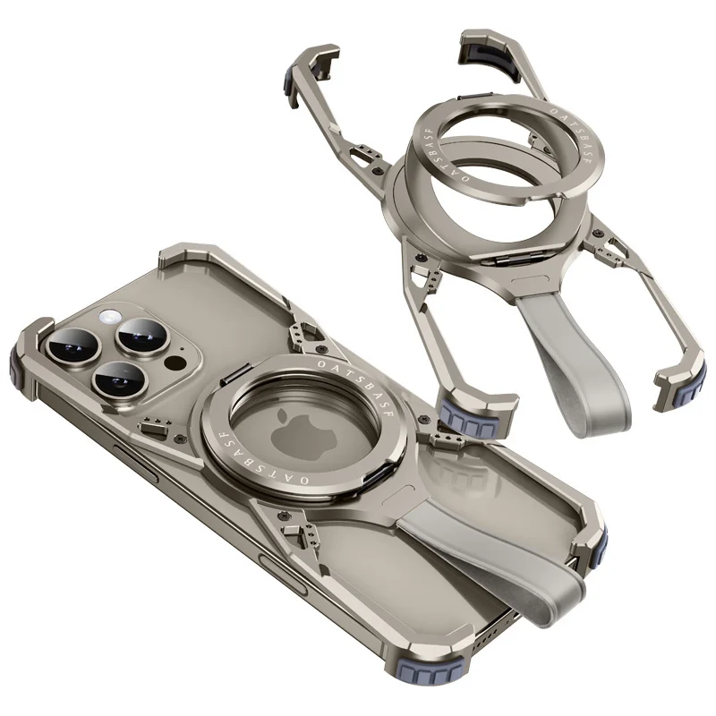 

For iPhone 16 15 Pro Max Aluminum Alloy Magnetic Case With MagSafe 360°Rotatable Stand Lanyard Metal Frameless Shockproof Cover