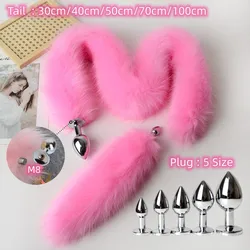 Anal Sex Toys of Long Pink Faux Fur Fox Tail with Stainless Steel Metal Butt Plug for Fetish Fantasy Flirting Adult Supplies