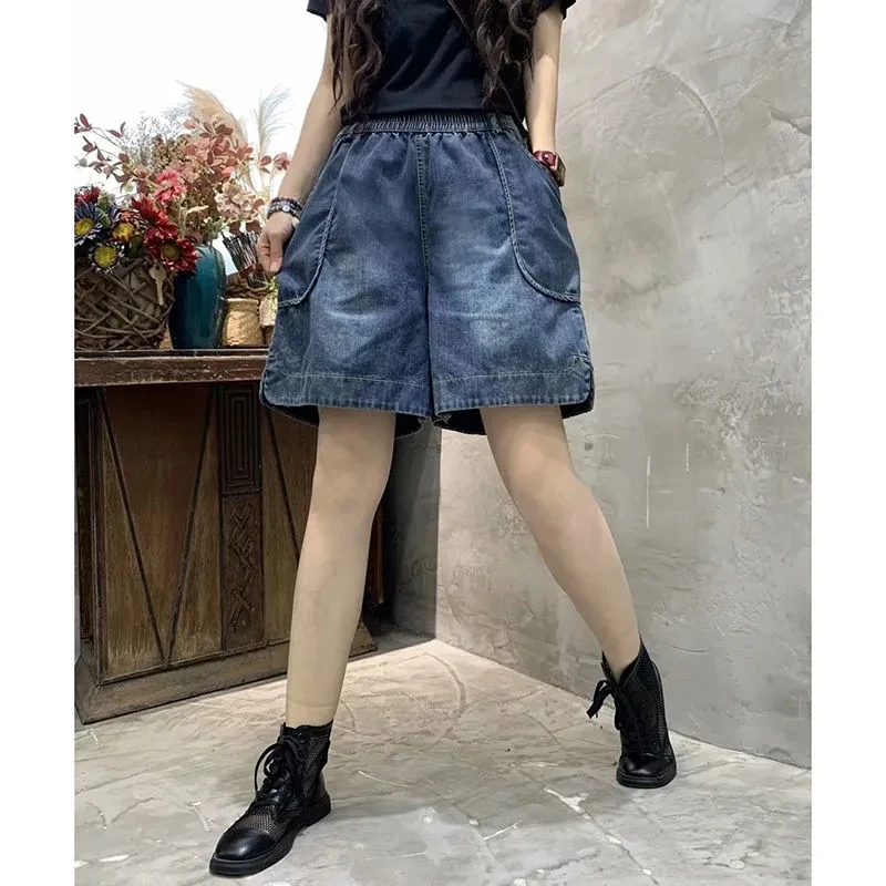 

Summer Shorts Women's Pants Mom Jeans Woman Korean Fashion Pocket Wide Leg Pants Jeans High Waisted Female Clothing Denim Baggy