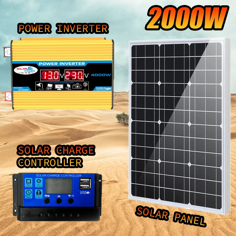 2000W Monocrystalline Silicon Solar Panel 220V  Inverter With Controller Car Battery Charger Household Rooftop Street Light