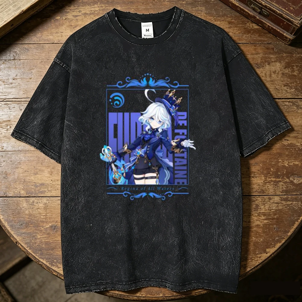Genshin Impact Furina Vintage Washed cotton teen korean clothes kawaii Colorful t shirt Breathable Y2k Retro University Vintage
