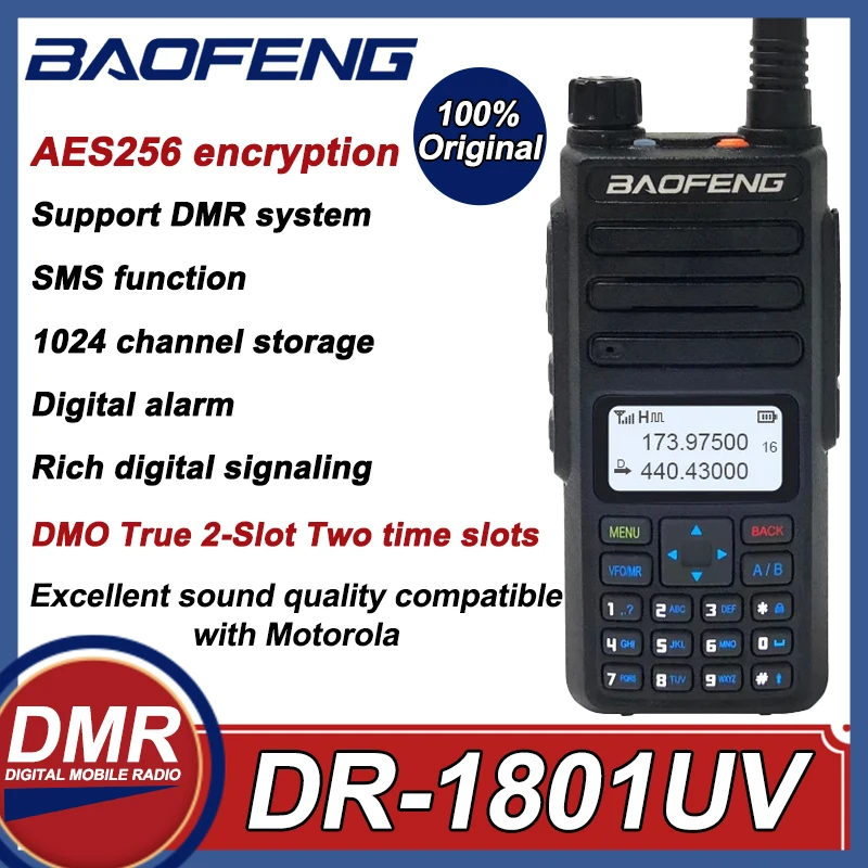 Baofeng DR-1801UV Digital/Analog Walkie Talkie AES256 UV Dual Band Dual Time Slot SMS 1024CH Digital Alarm Long Range DMR Radios