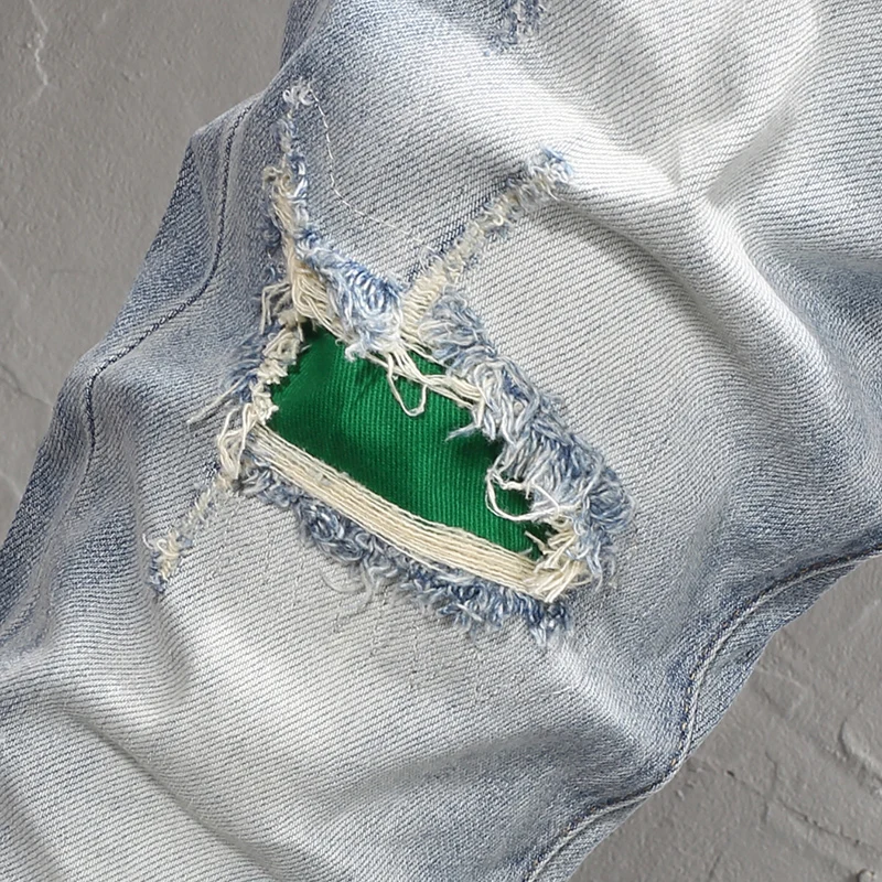 High Street Fashion Men Jeans Retro Light Blue Elastic Stretch Skinny Ripped Jeans Men Patch Designer Hip Hop Denim Pants Hombre