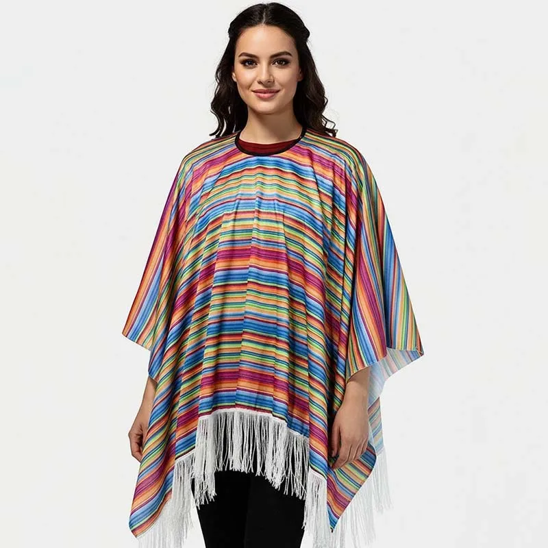 Unisex Mexican Poncho Cinco de Mayo Rainbow Striped Fringe Cape Fiesta Party Halloween Cosplay Costume Shawl for Men Women view 4