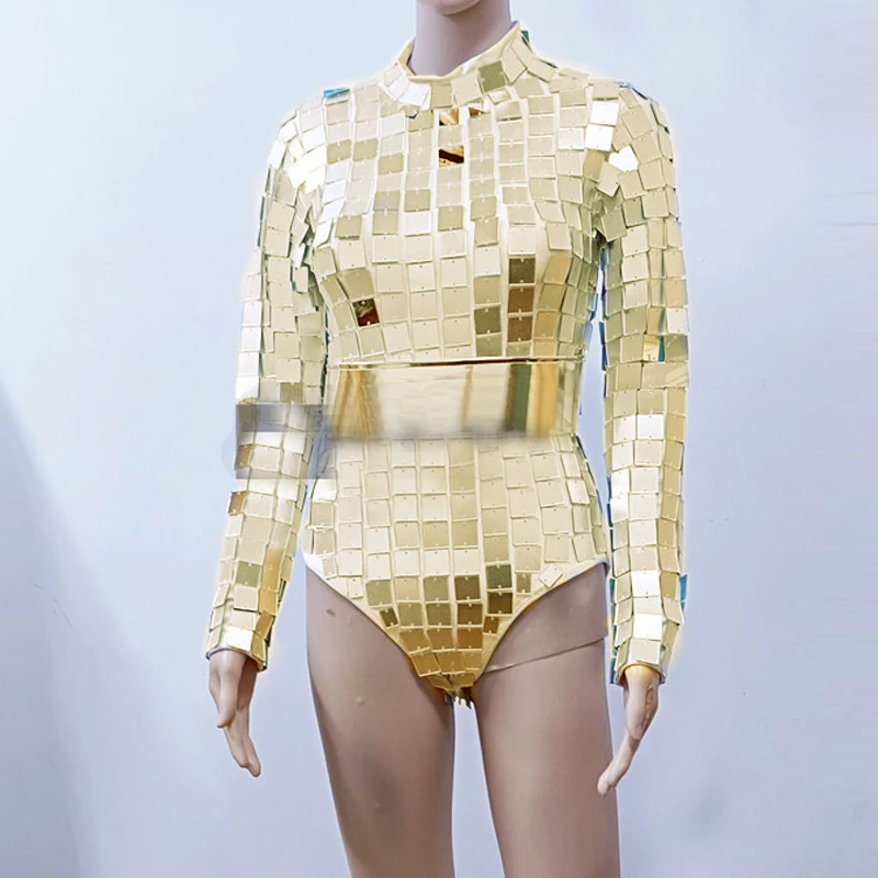 Bar Klub nocny DJ Scena Rave Strój Kostium Tancerki Gogo Kobiety Lustra Pole Dance Body Maska Złote Srebrne Okulary Ubrania XS10427