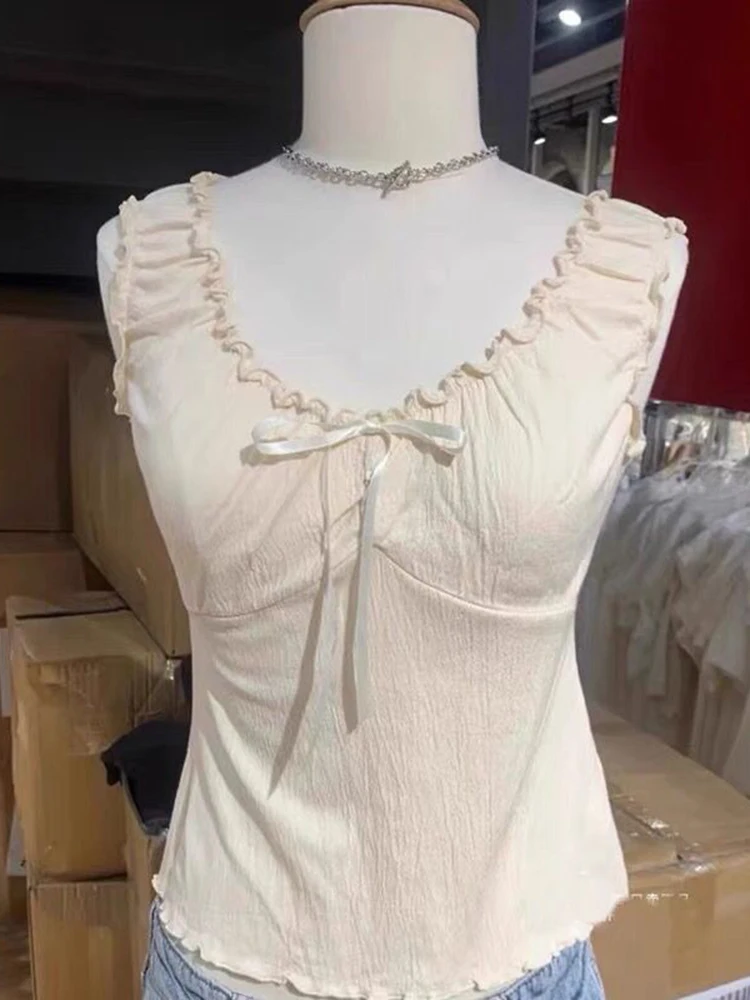 Vintage Ruffles V Neck Tank Tops Women Summer Retro Solid Sleeveless Slim Y2k Crop Top Female Sweet Cute Cotton Bow Vests 2023
