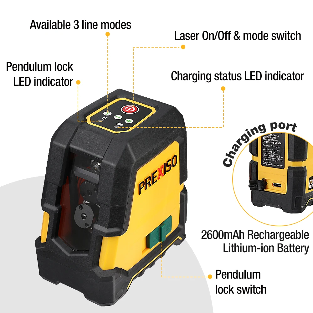 PREXISO 30M/100FT Rechargeable Cross Line Laser Green Line Level Self Leveling Laser and Magnetic Pivoting Base for Construction